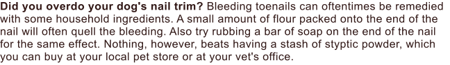 Did you overdo your dog's nail trim? Bleeding toenails can oftentimes be remedied with some household ingredients. A small amount of flour packed onto the end of the nail will often quell the bleeding. Also try rubbing a bar of soap on the end of the nail for the same effect. Nothing, however, beats having a stash of styptic powder, which you can buy at your local pet store or at your vet's office.